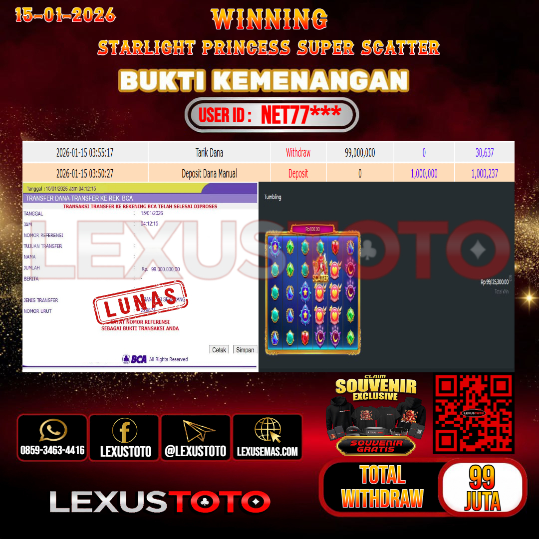 LEXUSTOTO JACKPOT SLOT STARLIGHT PRINCESS SUPER SCATTER  Rp. 99.000.000,- LUNAS   USER ID : NET77***