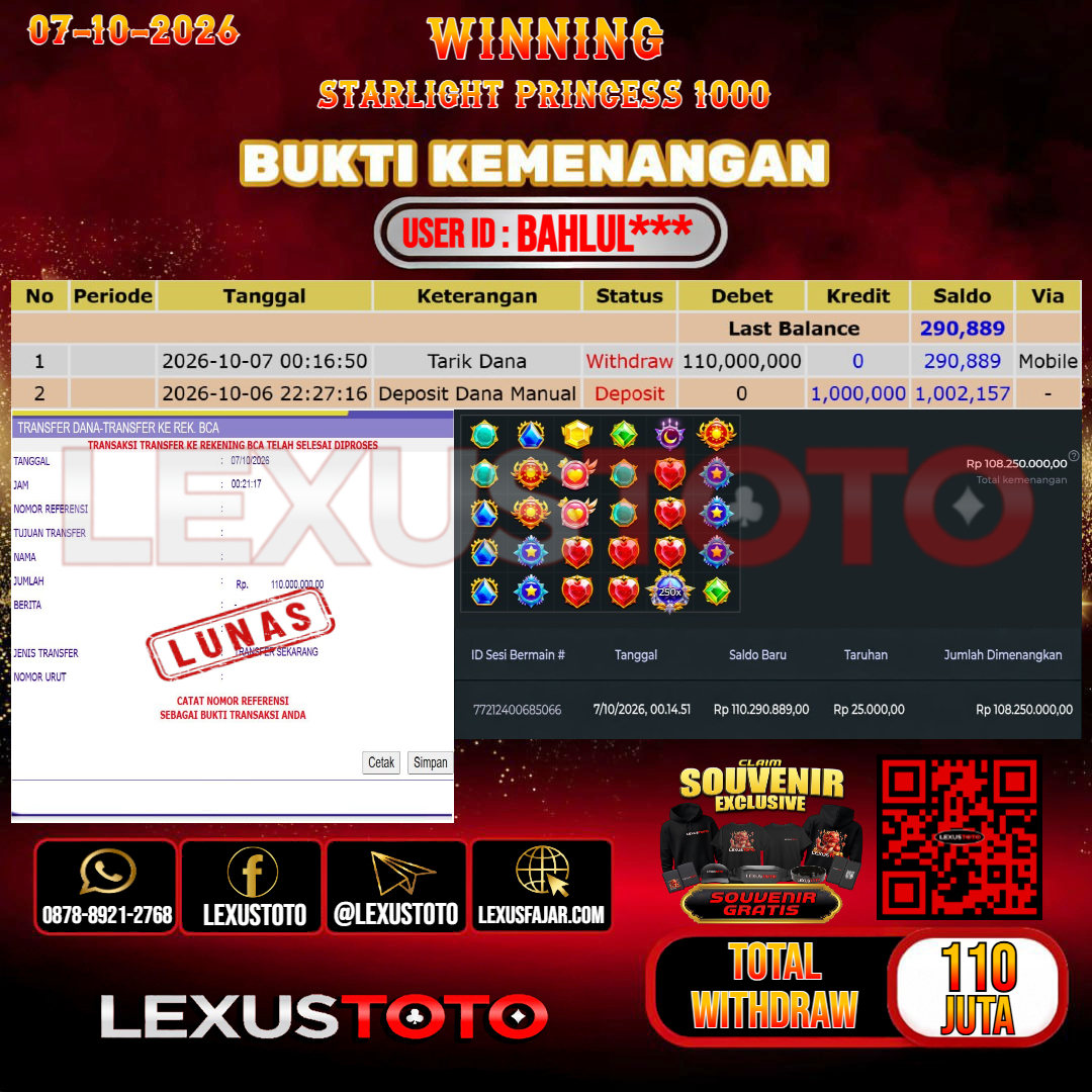 LEXUSTOTO JACKPOT SLOT STARLIGHT PRINCESS 1000 Rp.110.000.000,-  LUNAS USER ID :  BAHLUL***