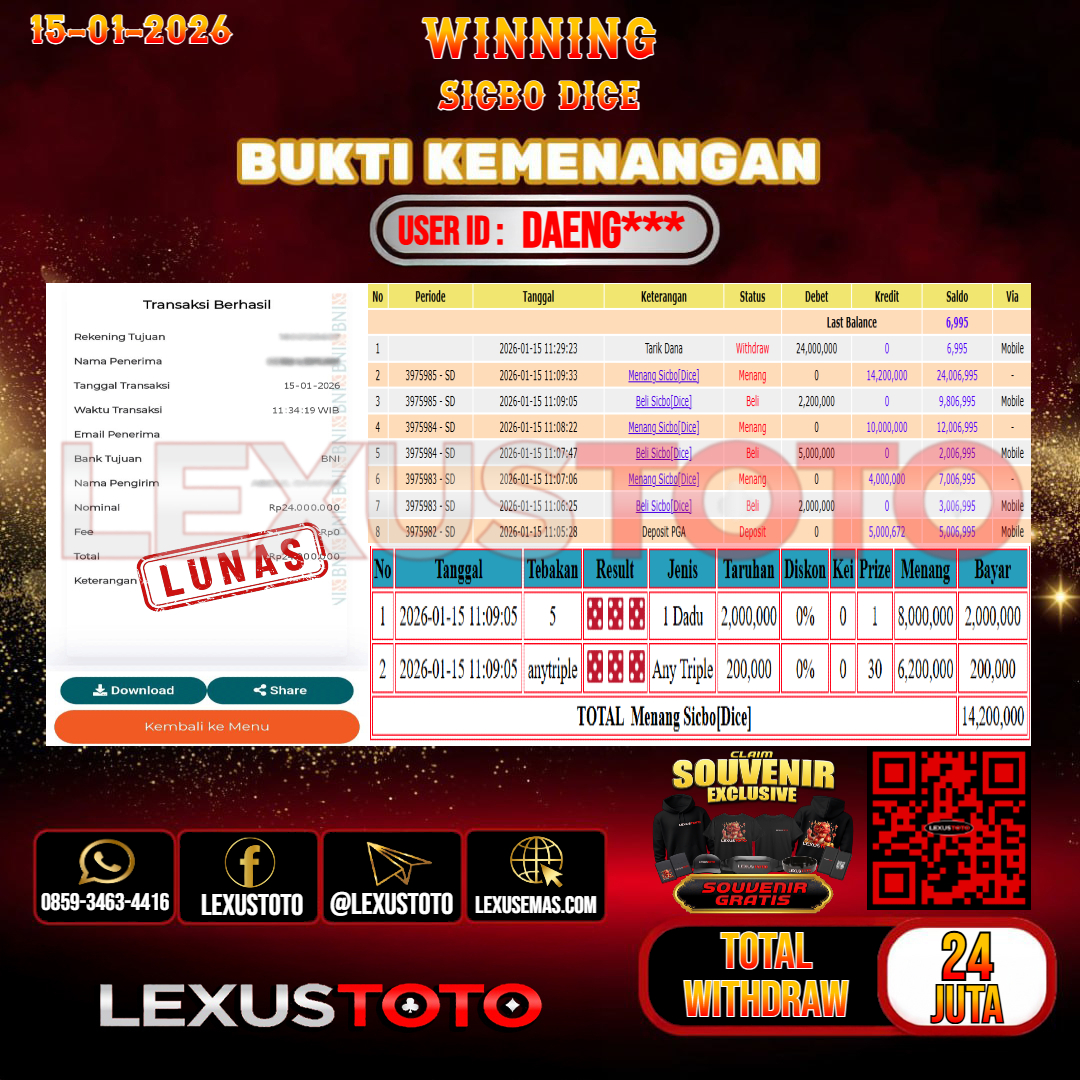 LEXUSTOTO JACKPOT LIVE GAMES SICBO DICE Rp. 24.000.000,-  LUNAS USER ID : DAENG***