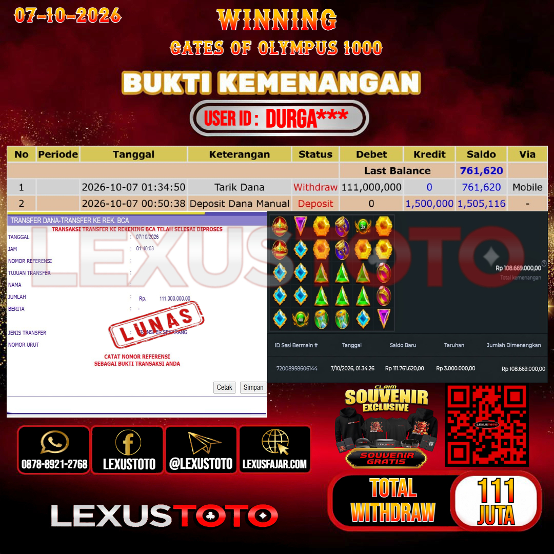 LEXUSTOTO JACKPOT SLOT GATES OF OLYMPUS 1000 Rp.111.000.000,-  LUNAS USER ID : DURGA***