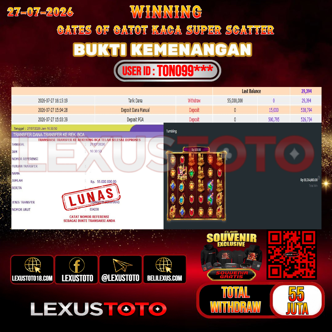 LEXUSTOTO JACKPOT SLOT GATES OF GATOT KACA SUPER SCATTER  Rp. 55.000.000,- LUNAS  USER ID : TONO99***