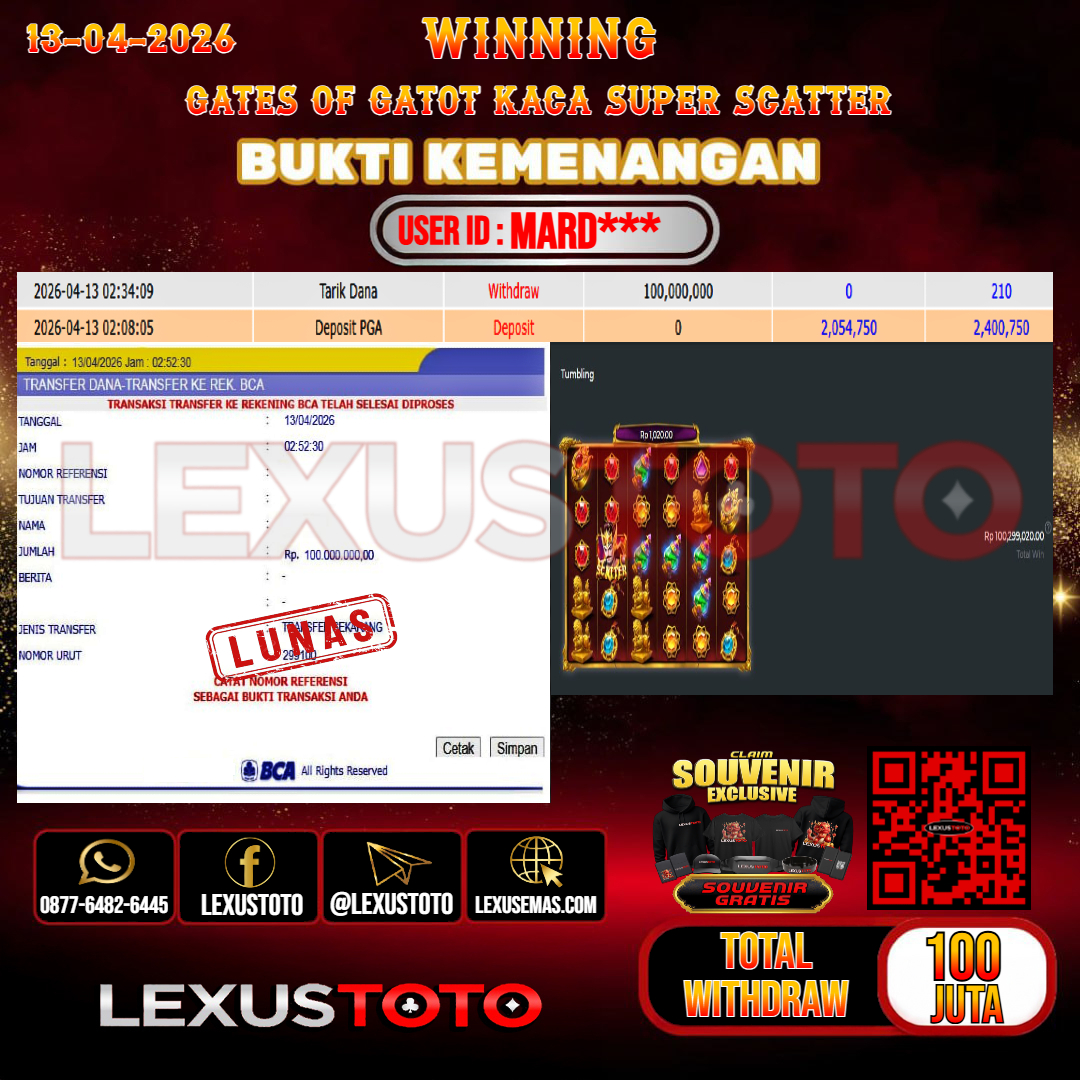 LEXUSTOTO JACKPOT SLOT GATES OF GATOT KACA SUPER SCATTER Rp.100.000.000,- LUNAS USER ID :  MARD***