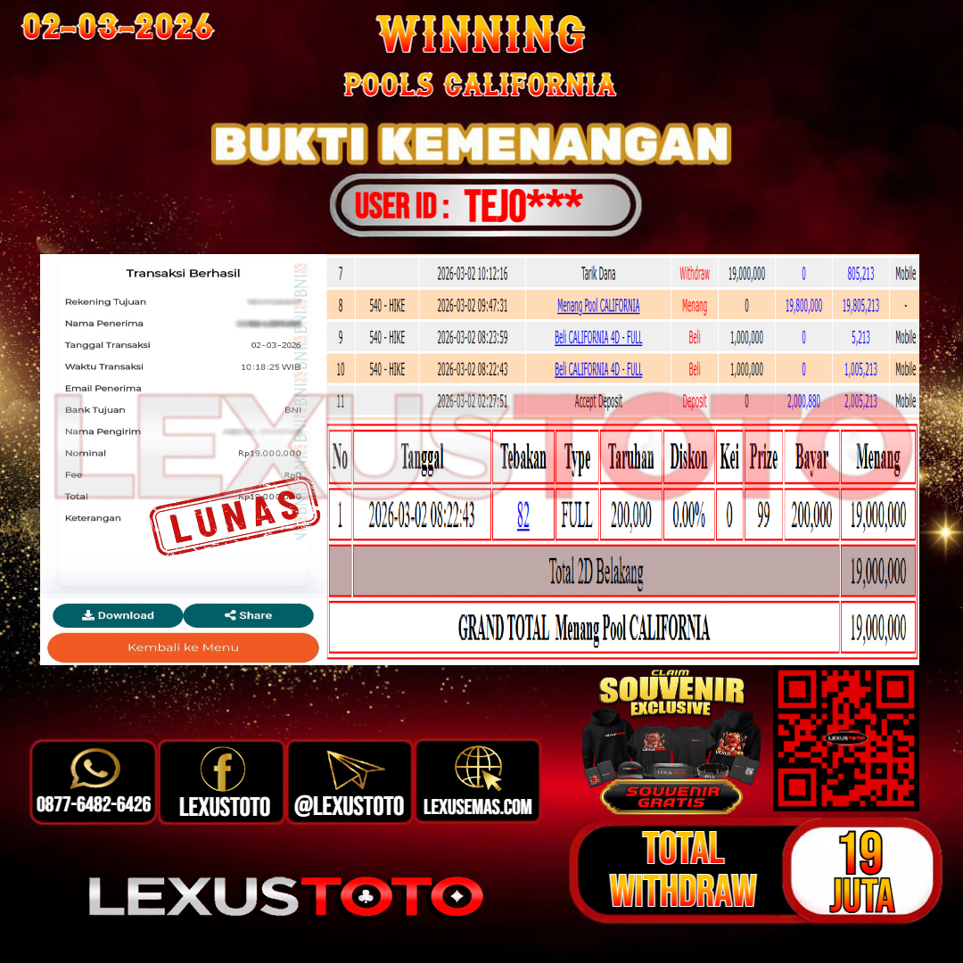 LEXUSTOTO JACKPOT TOGEL PASARAN CALIFORNIA  Rp. 19.000.000,- LUNAS  USER ID : TEJO***