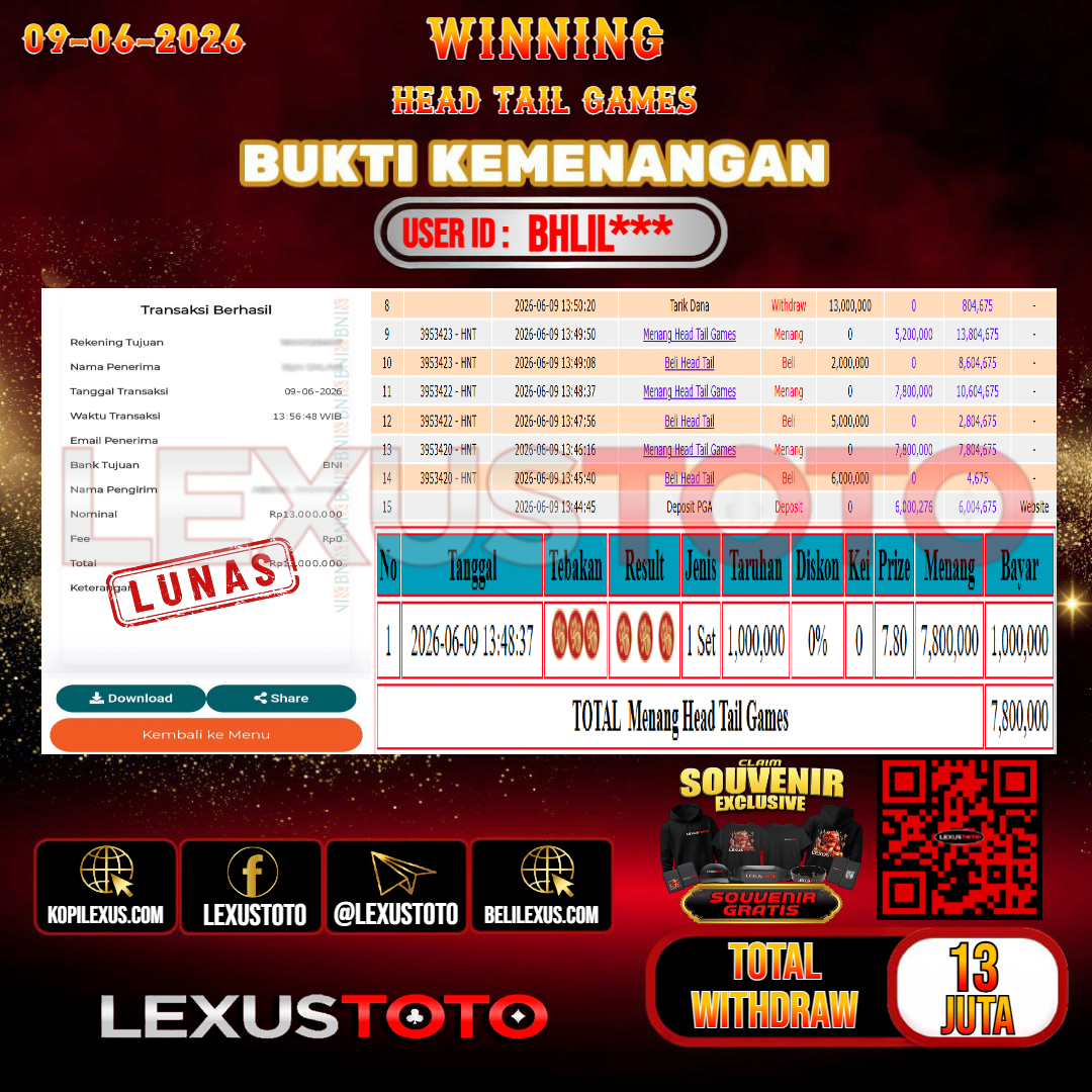 LEXUSTOTO JACKPOT LIVE GAMES HEAD TAIL GAMES  Rp. 13.000.000,- LUNAS USER ID :  BHLIL***