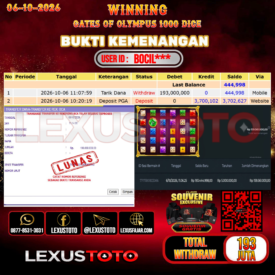 LEXUSTOTO JACKPOT SLOT GATES OF OLYMPUS 1000 DICE Rp.193.000.000,-  LUNAS USER ID : BOCIL***