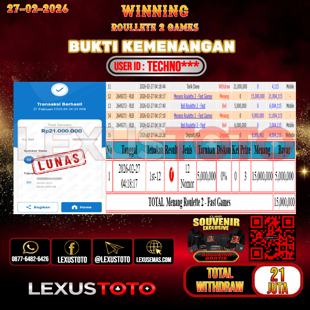 LEXUSTOTO JACKPOT LIVE GAMES ROULLETE 2 GAMES  Rp. 21.000.000,- LUNAS   USER ID : TECHNO***
