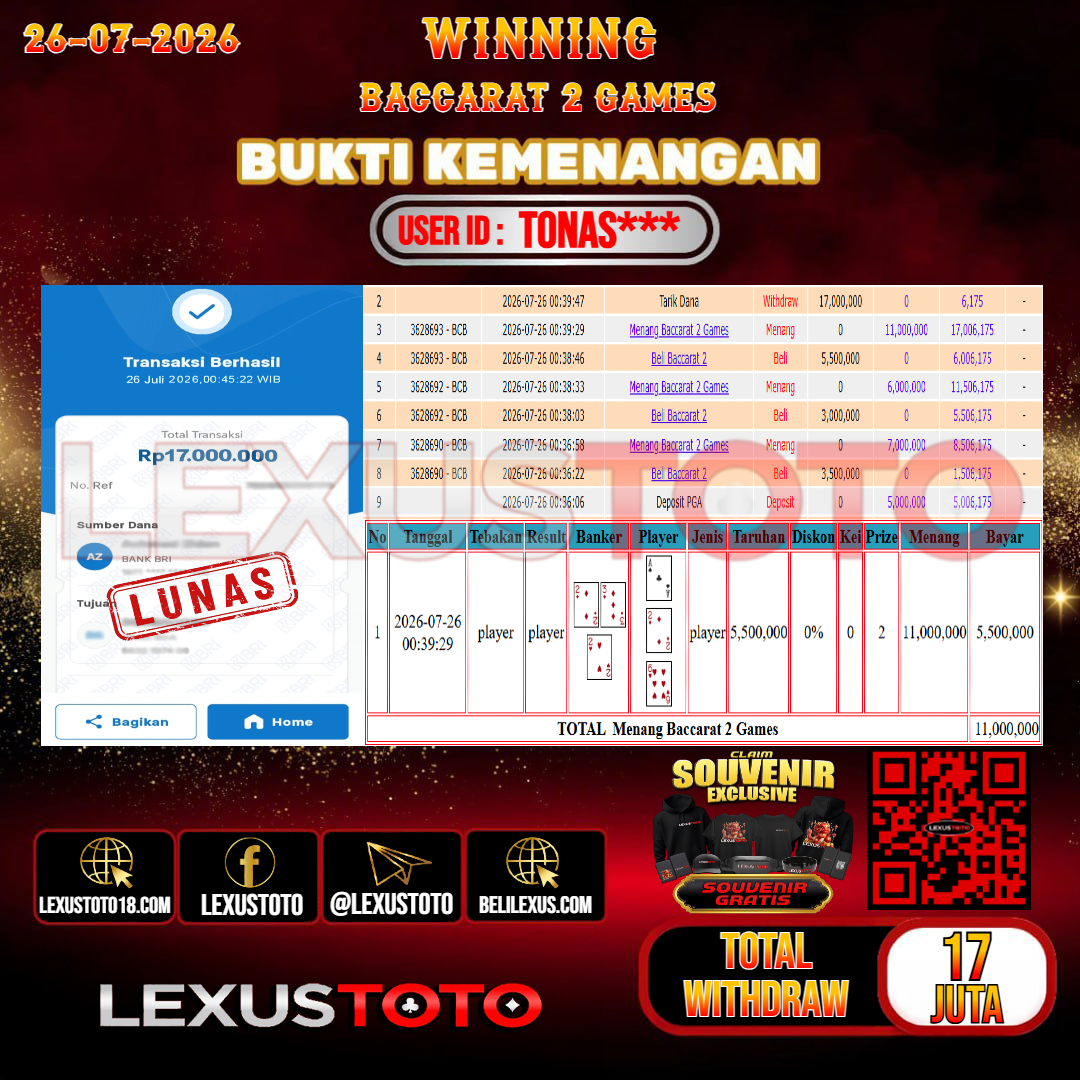 LEXUSTOTO JACKPOT LIVE GAMES BACCARAT 2  GAMES   Rp. 17.000.000,-    LUNAS USER ID :  TONAS***