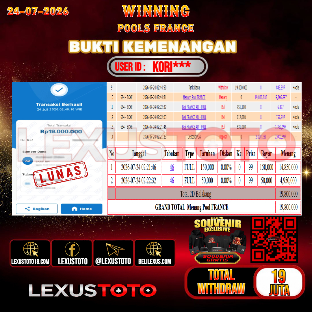 LEXUSTOTO JACKPOT TOGEL POOLS FRANCE Rp. 19.000.000,-   LUNAS USER ID :  KORI***
