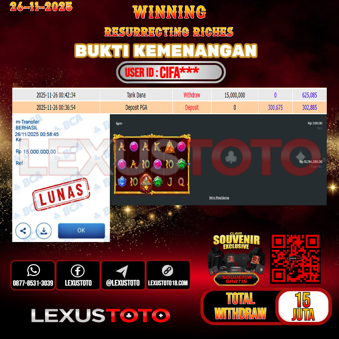 LEXUSTOTO JACKPOT SLOT RESURRECTING RICHES Rp.15.000.000,- LUNAS USER ID : CIFA***