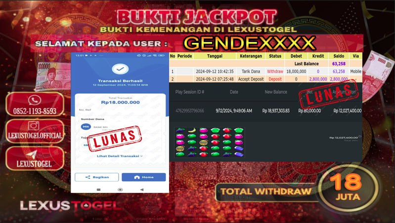 LEXUSTOTO JACKPOT SLOT  SWEET BONANZA XMAX Rp . 18.000.000,- LUNAS ID : GENDE*** 
