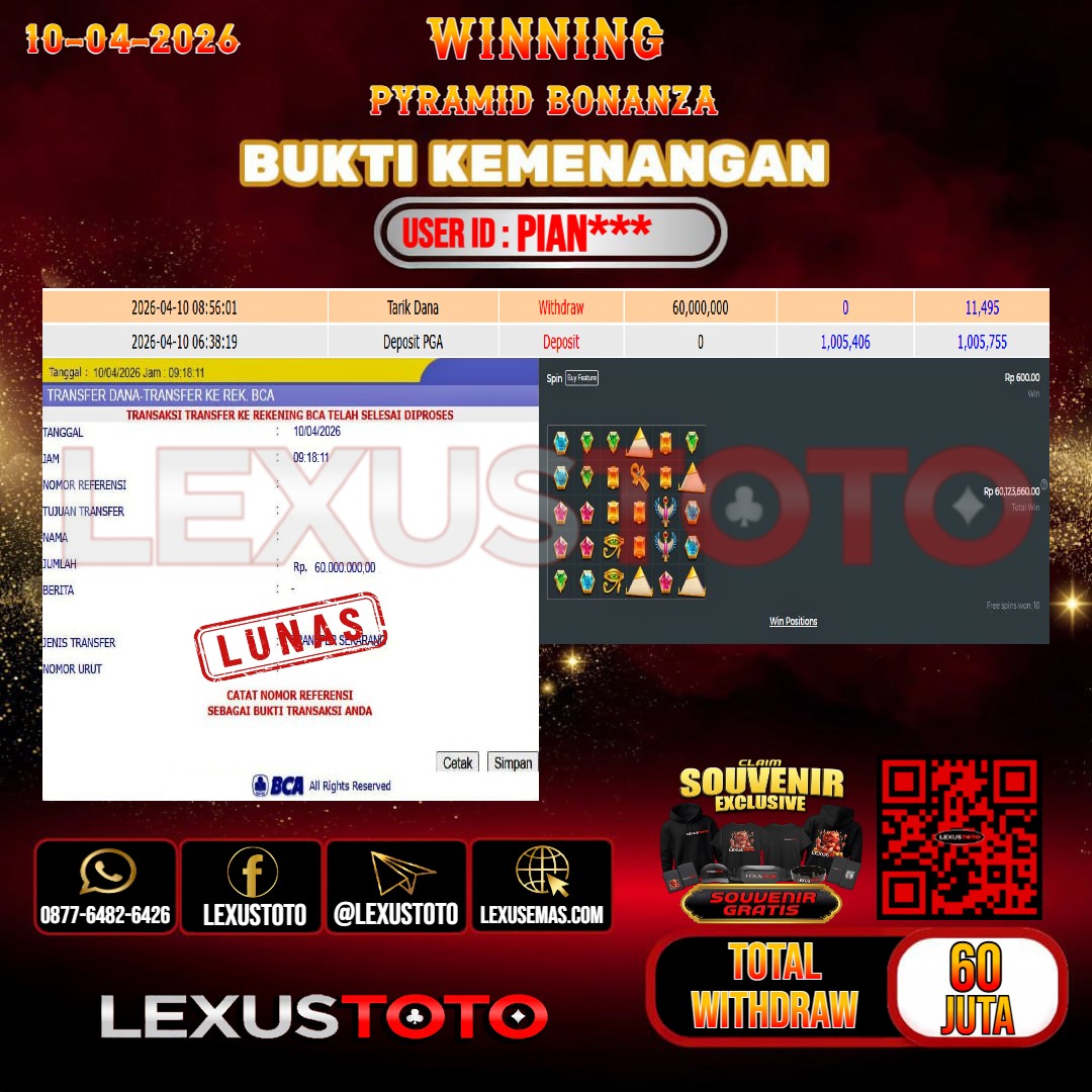 LEXUSTOTO JACKPOT SLOT PYRAMID BONANZA Rp.60.000.000, - LUNAS USER ID : PIAN***