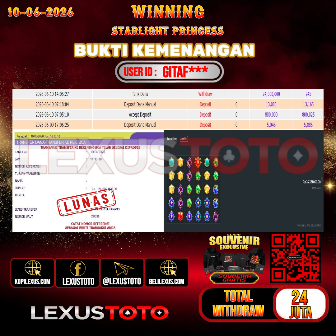 LEXUSTOTO JACKPOT SLOT STARLIGHT PRINCESS Rp. 24.000.000,- LUNAS USER ID : GITAF***