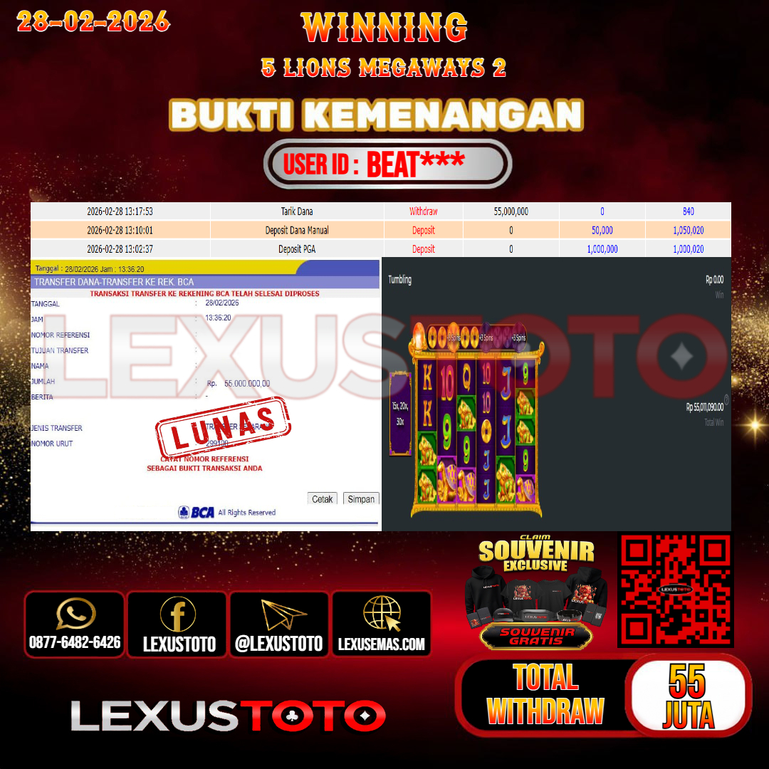 LEXUSTOTO JACKPOT SLOT 5 LIONS MEGAWAYS 2 Rp. 55.000.000,- LUNAS   USER ID : BEAT***