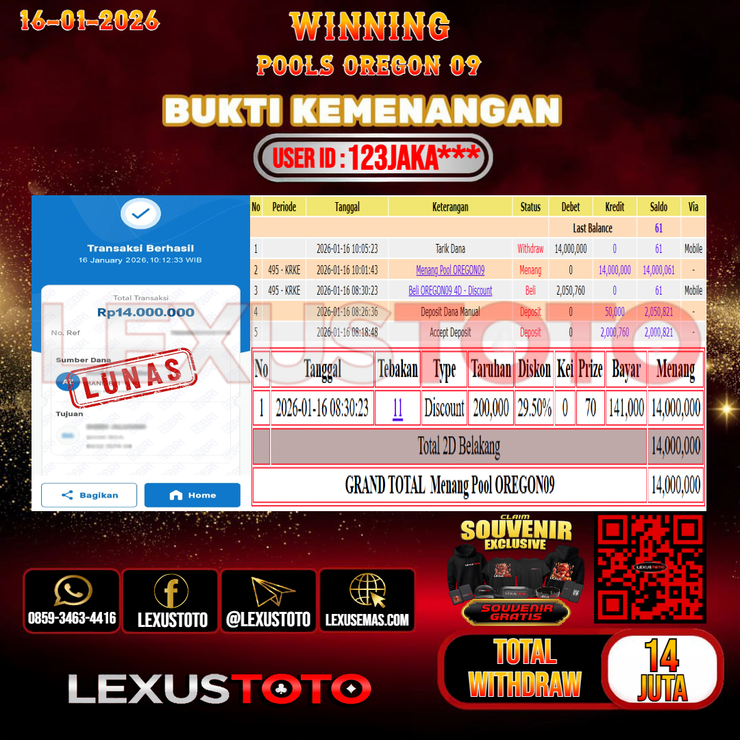 LEXUSTOTO JACKPOT TOGEL OREGON 09   Rp. 14.000.000,- LUNAS USER ID : 123JAKA***