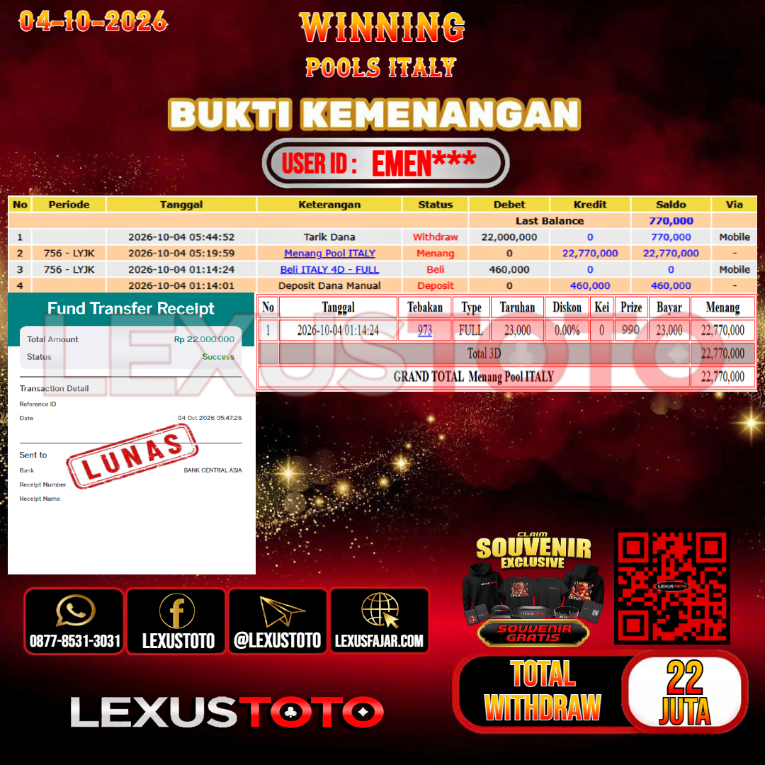 LEXUSTOTO JACKPOT TOGEL ITALY Rp.22.000.000,-  LUNAS  USER ID : EMEN***