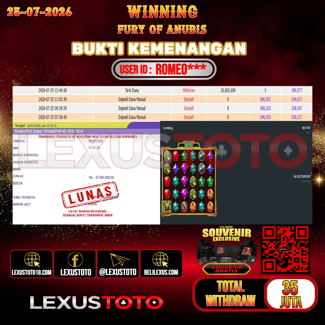LEXUSTOTO JACKPOT SLOT FURY OF ANUBIS  Rp. 35.000.000,- LUNAS  USER ID : ROMEO***