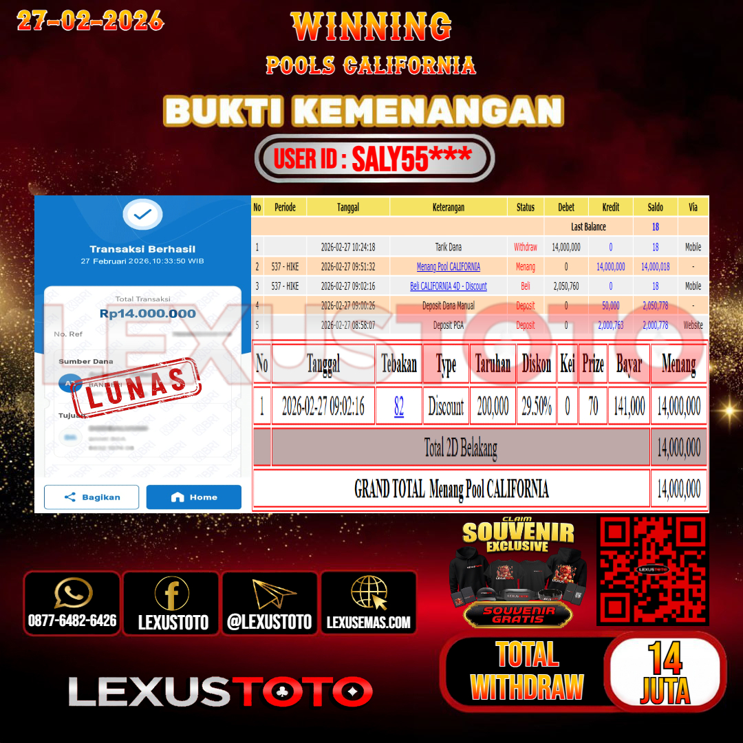 LEXUSTOTO JACKPOT TOGEL PASARAN CALIFORNIA   Rp. 14.000.000,- LUNAS  USER ID : SALY55***