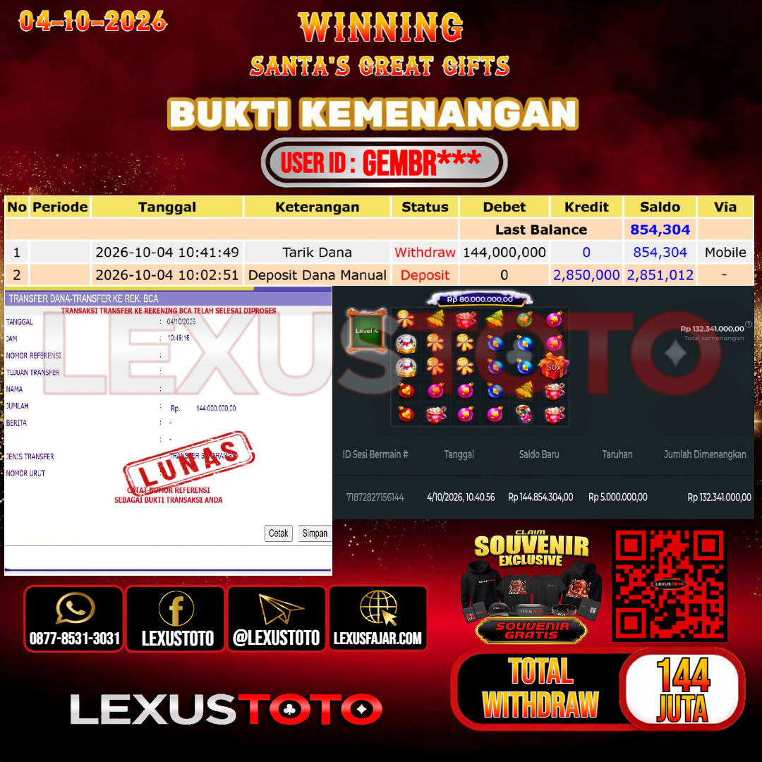 LEXUSTOTO JACKPOT SLOT SANTA'S GREAT GIFTS Rp.144.000.000,-  LUNAS USER ID :  GEMBR***