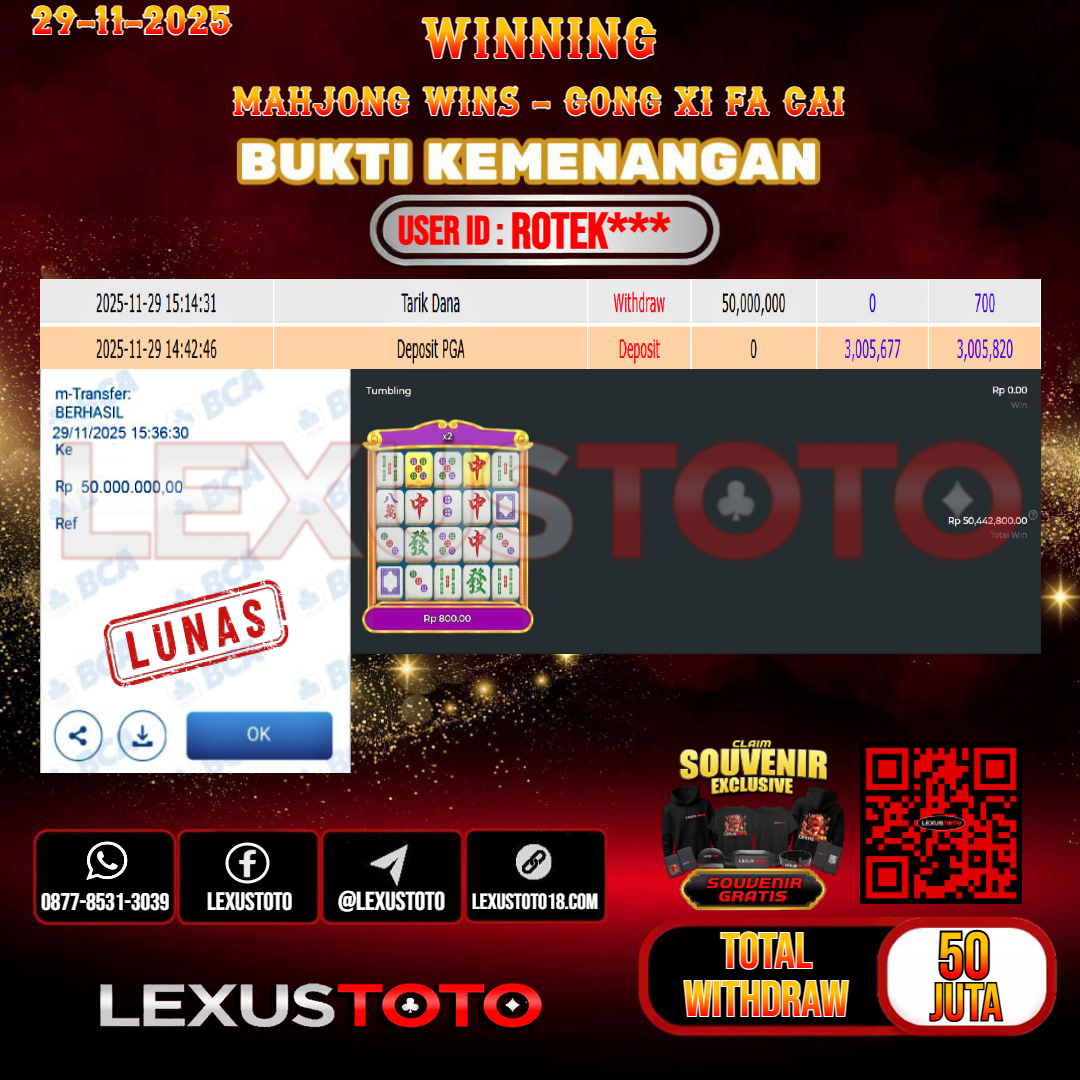 LEXUSTOTO JACKPOT SLOT MAHJONG WINS - GONG XI FA CAI Rp.50.000.000,- LUNAS USER ID : ROTEK***