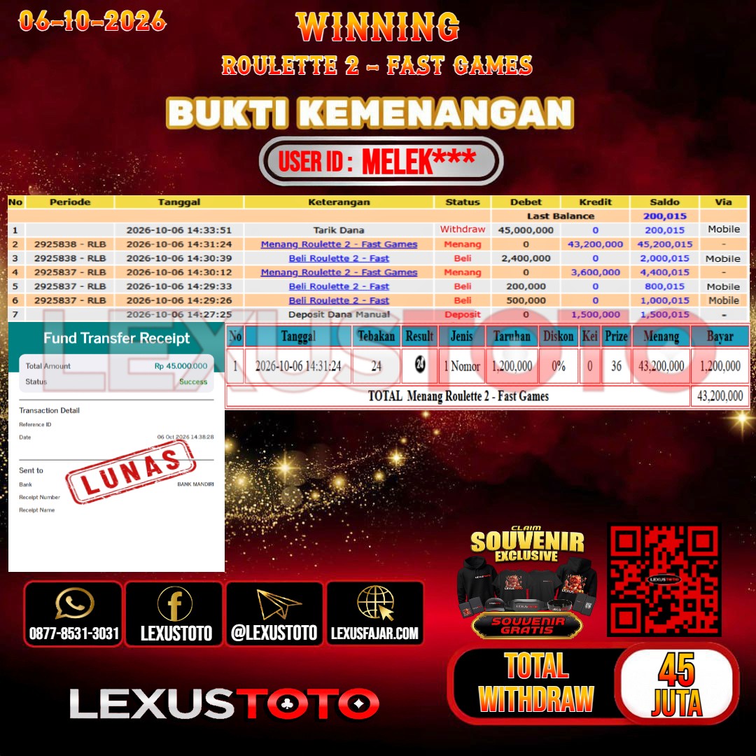 LEXUSTOTO JACKPOT LIVE GAMES ROULETTE 2 - FAST GAMES Rp.45.000.000,-  LUNAS  USER ID : MELEK***