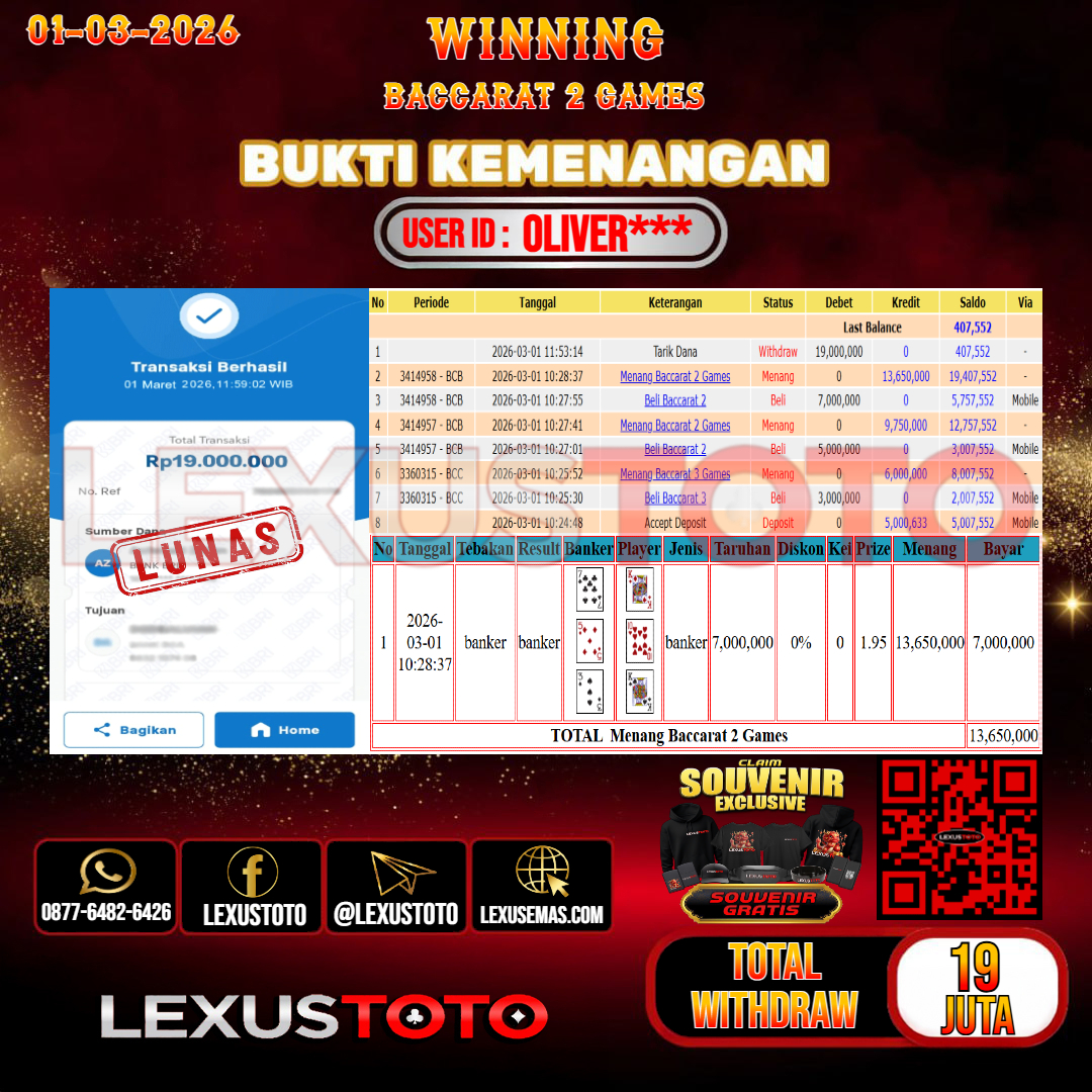 LEXUSTOTO JACKPOT LIVE GAMES BACCARAT 2 GAMES  Rp. 19.000.000,- LUNAS   USER ID : OLIVER***
