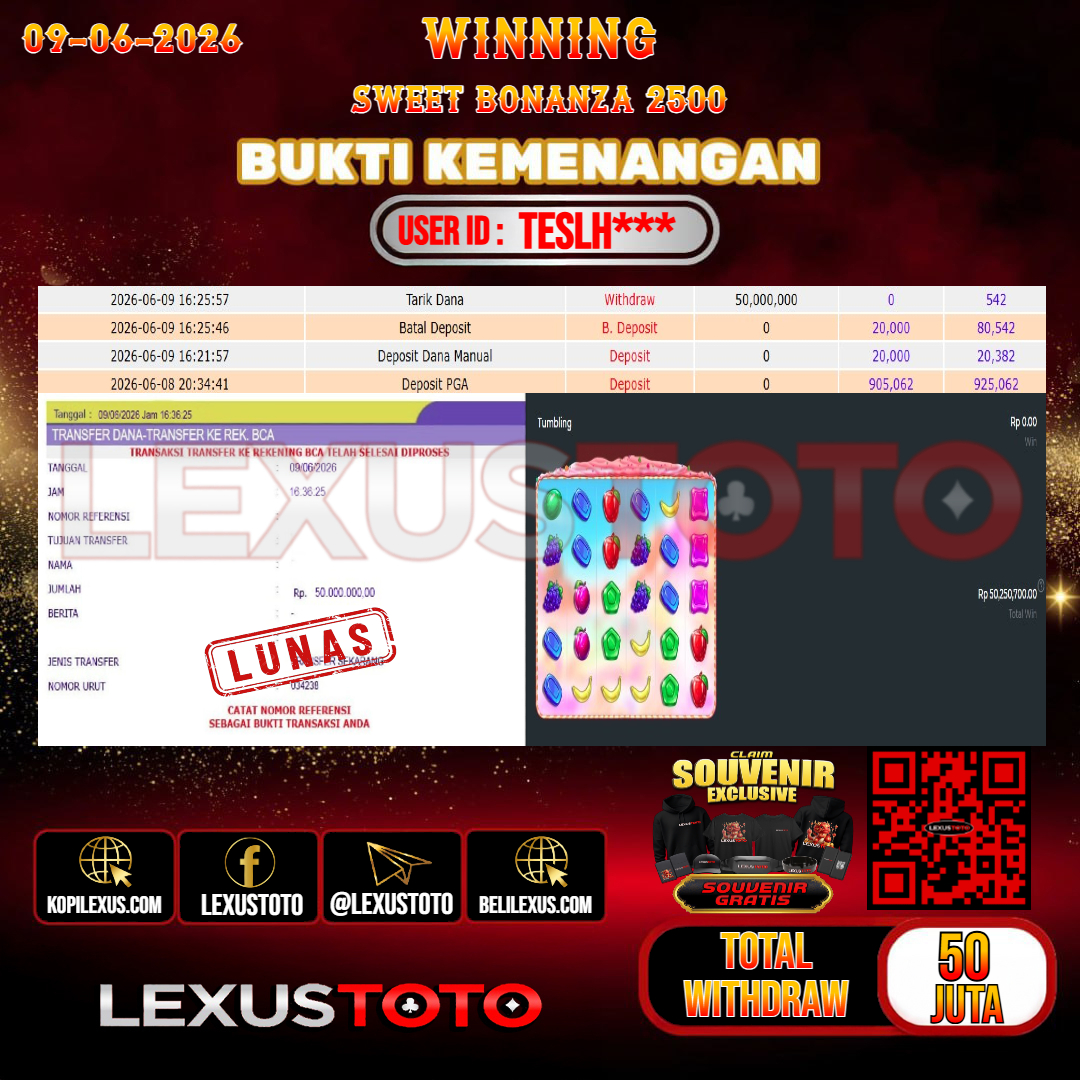 LEXUSTOTO JACKPOT SLOT SWEET BONANZA 2500 Rp. 50.000.000,- LUNAS USER ID : TESLH***