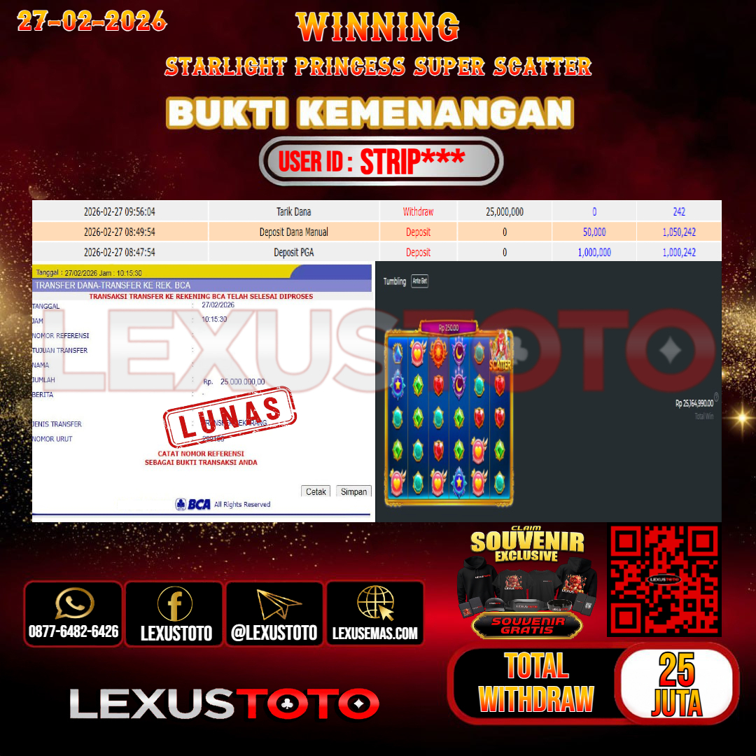 LEXUSTOTO JACKPOT SLOT STARLIGHT PRINCESS SUPER SCATTER  Rp. 25.000.000,- LUNAS   USER ID :STRIP***