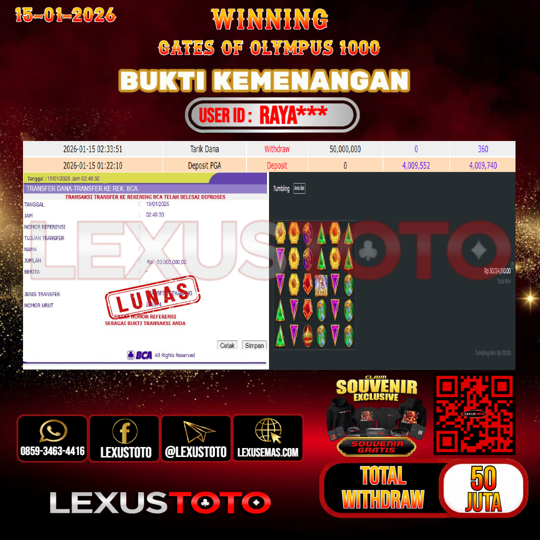 LEXUSTOTO JACKPOT SLOT GATES OF OLYMPUS 1000  Rp. 50.000.000,- LUNAS   USER ID : RAYA***
